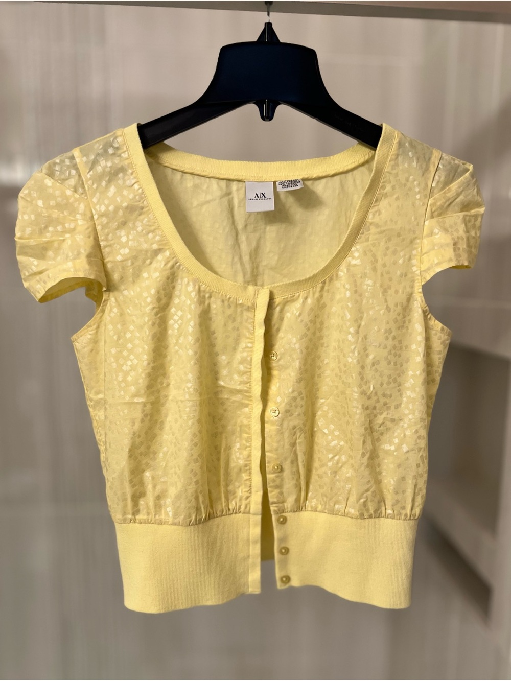 Armani Exchange Pastel Yellow Cap Sleeve Button Front Jacquard Top